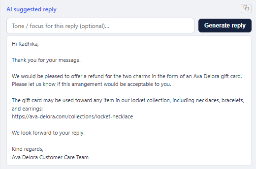 AI suggested reply area with tone field and generate button above a drafted customer email