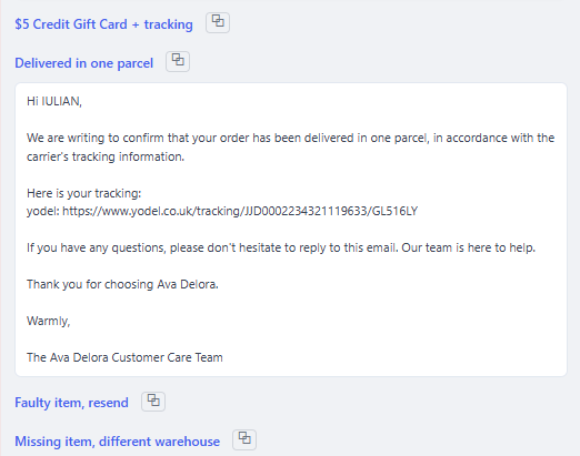 List of saved email templates with copy icons and an expanded template showing tracking text
