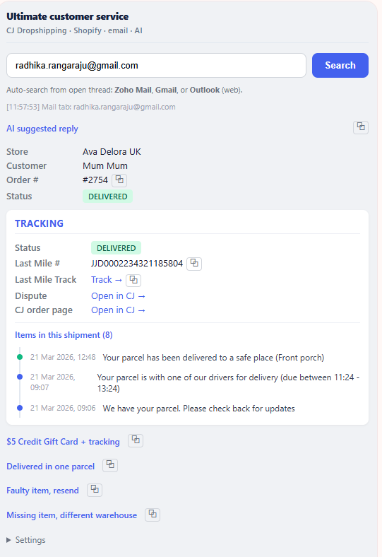Extension side panel with search, order summary, tracking section, and quick reply links