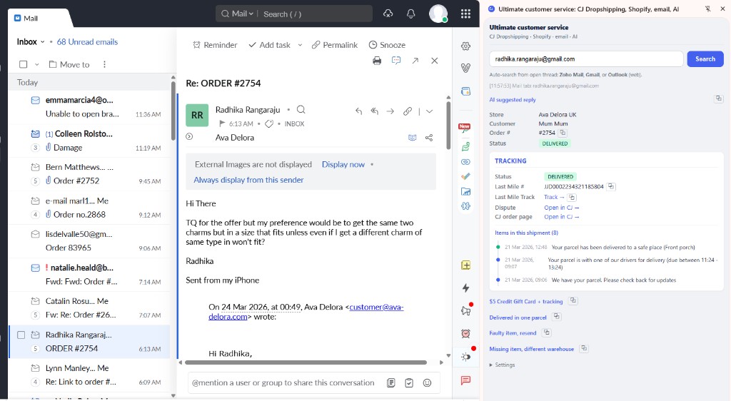 Zoho Mail inbox with the extension side panel showing order and tracking details